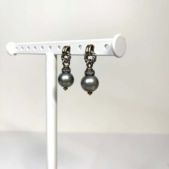 David Yurman Sterling Silver, 18K Tahitian Pearls Diamond Drop Earrings - Picture 5 of 5